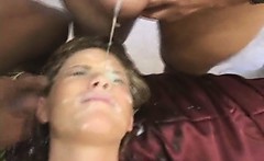 Brunette Taking Multiple Facials At Bukkake Party