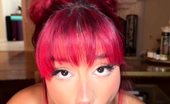 Tan stud gives a POV blowjob to his big cock