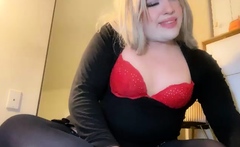 Busty blonde shemale tranny solo plays with toys