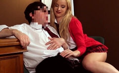 Blonde CFNM stud tugging cock to teacher