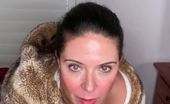 Busty curly brunette with big boobs fucks on couch